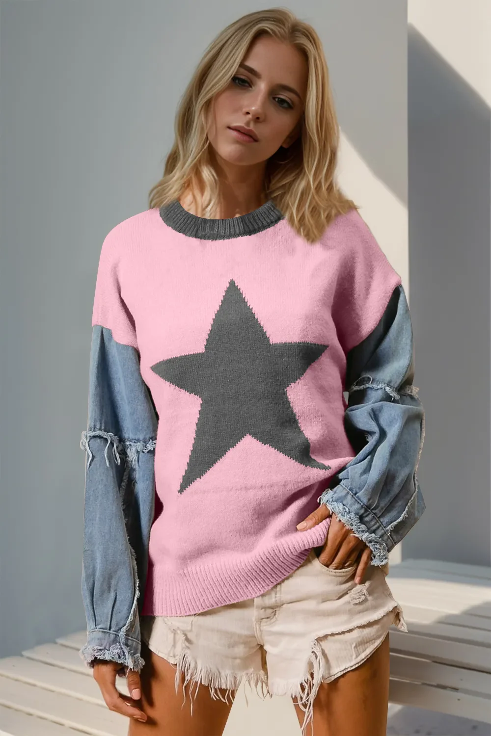 Double Take Full Size Star Pattern Raw Edge Long Sleeve Sweater - Image 5