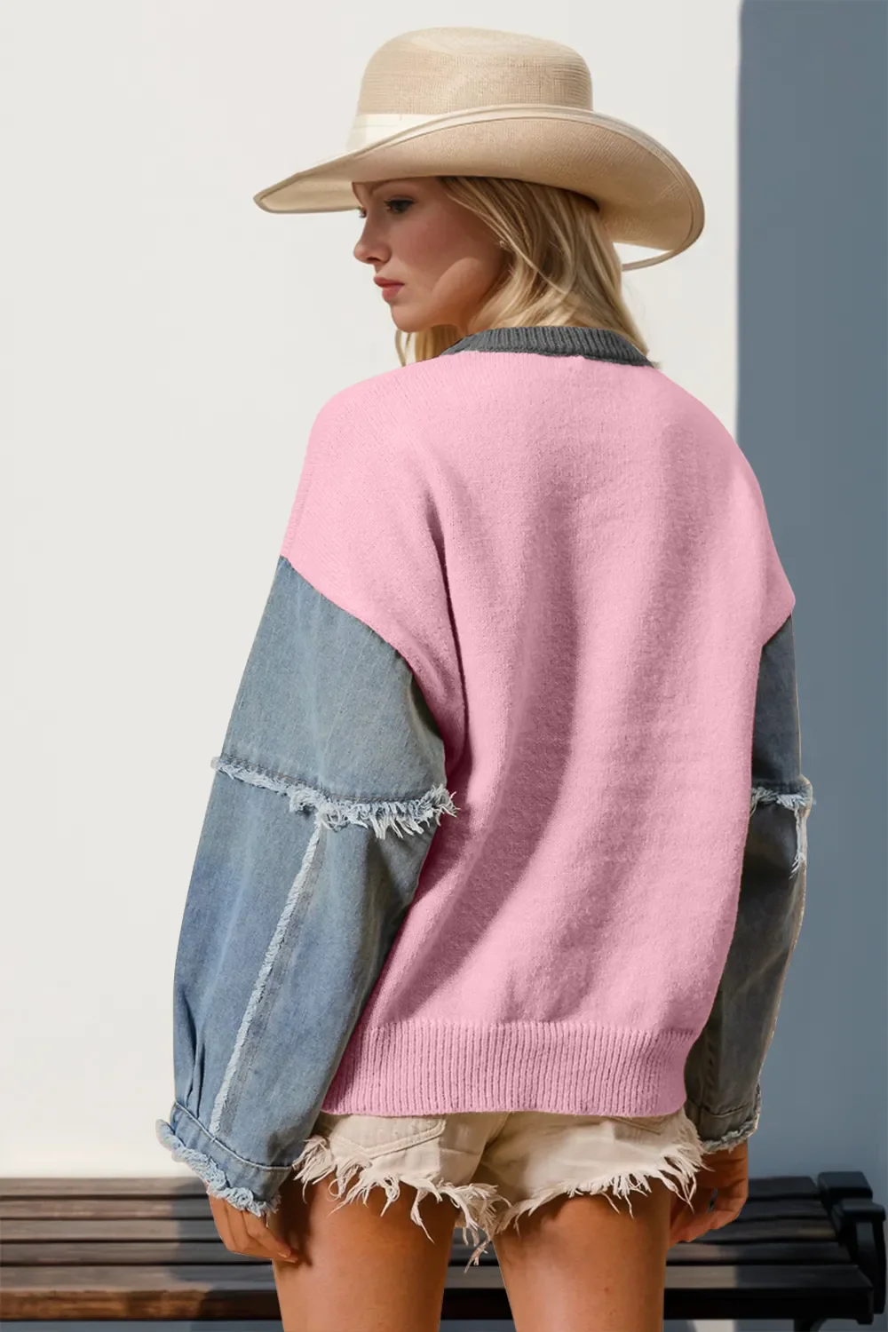 Double Take Full Size Star Pattern Raw Edge Long Sleeve Sweater - Image 6