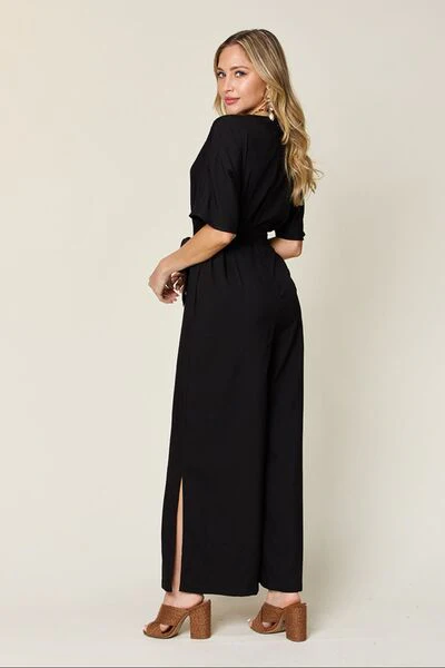 Double Take Full Size V-Neck Tied Side Slit Jumpsuit - Image 2