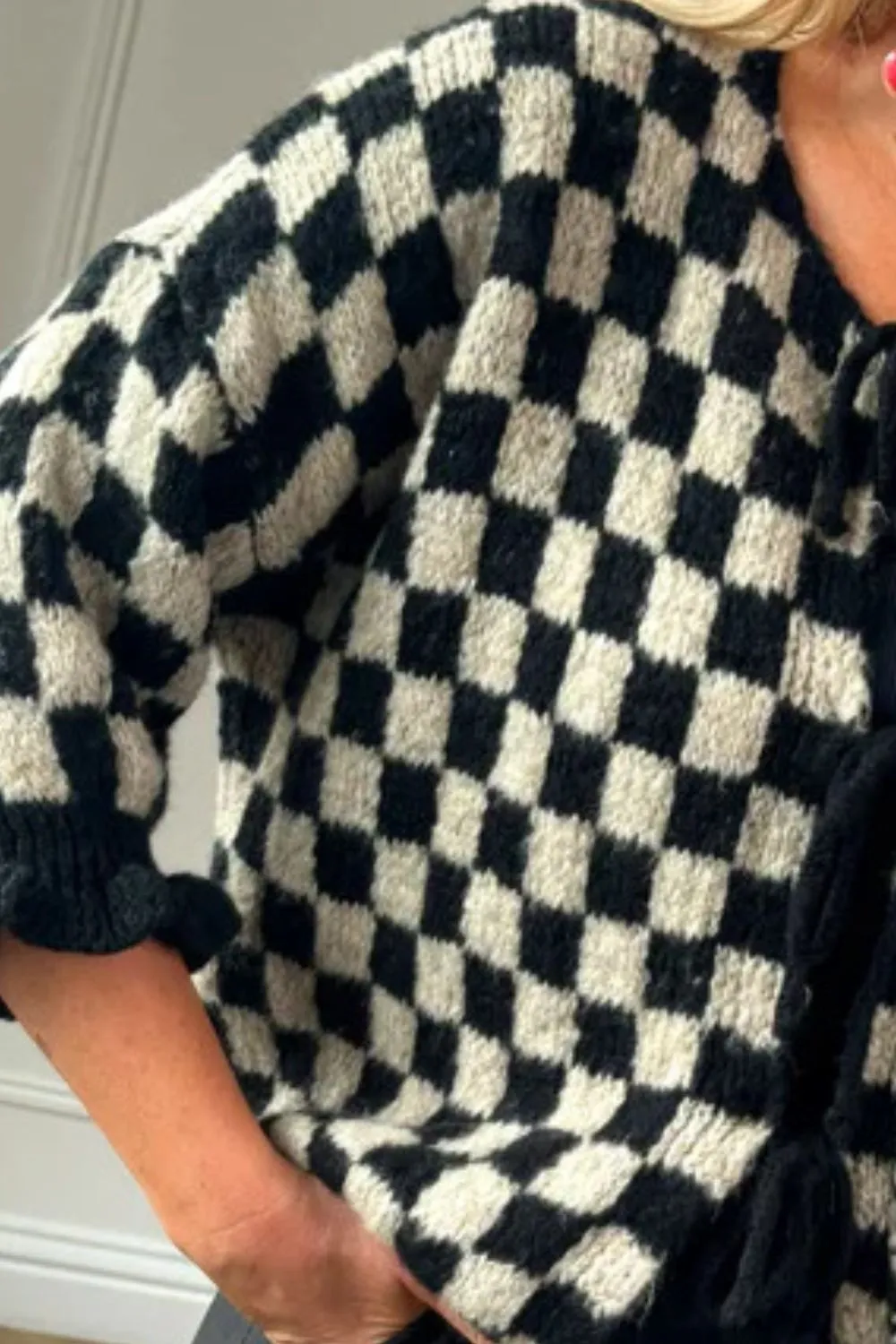 Double Take Tied Checkered Dropped Shoulder Flounce Sleeve Cardigan - Image 13