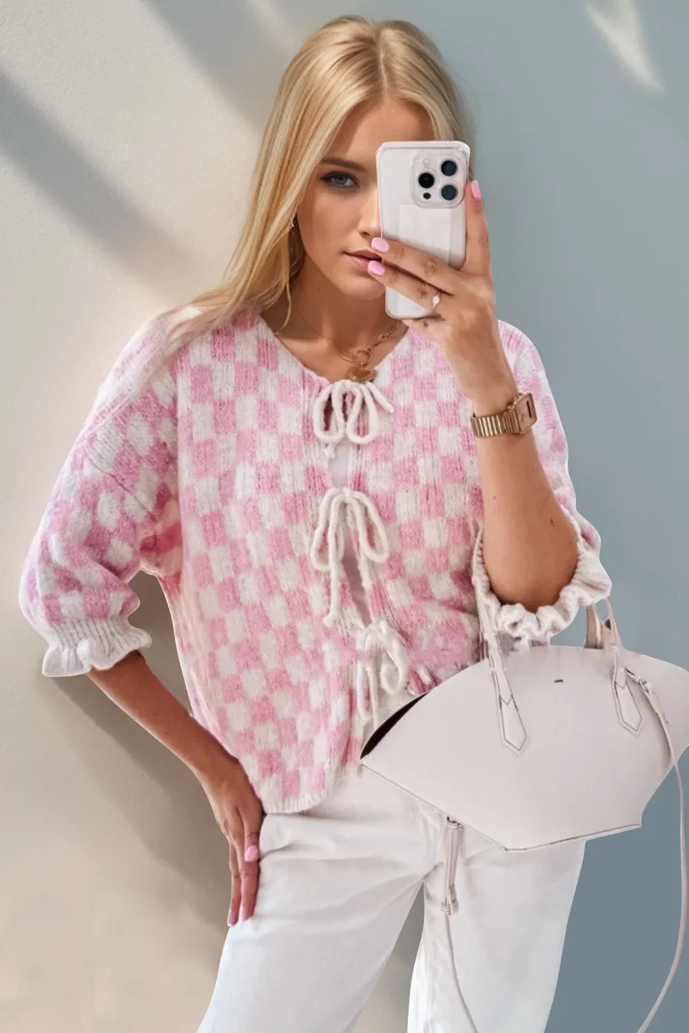 Double Take Tied Checkered Dropped Shoulder Flounce Sleeve Cardigan - Image 18