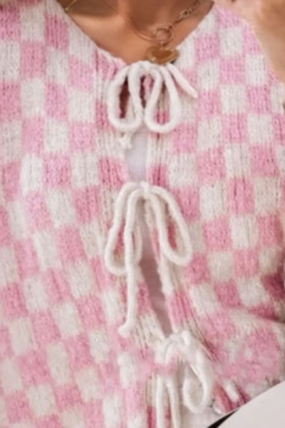 Double Take Tied Checkered Dropped Shoulder Flounce Sleeve Cardigan - Image 19