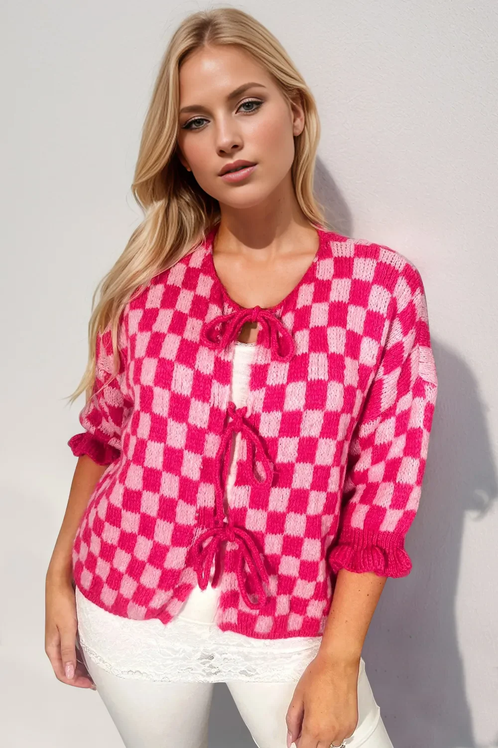 Double Take Tied Checkered Dropped Shoulder Flounce Sleeve Cardigan - Image 2