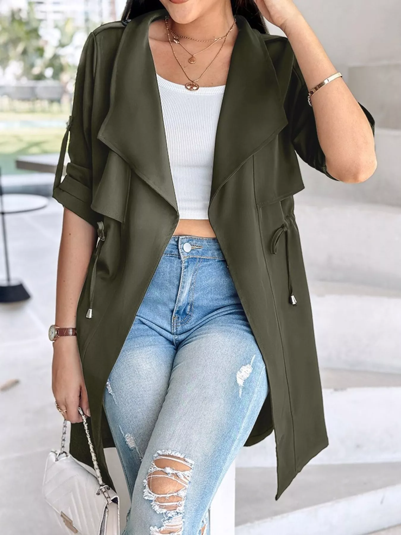 Drape Collar Lightweight Trench Coat - Image 15