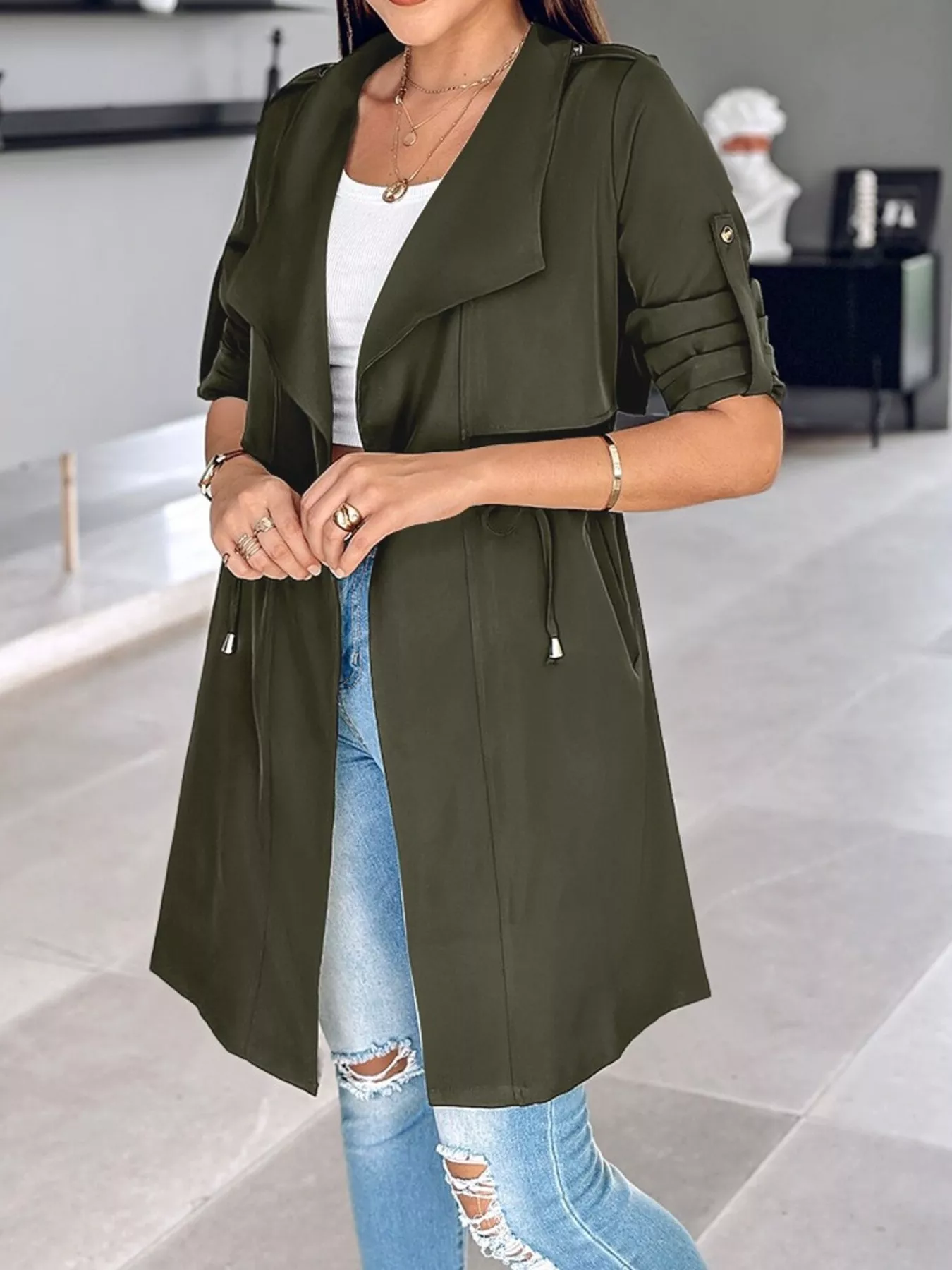 Drape Collar Lightweight Trench Coat - Image 19