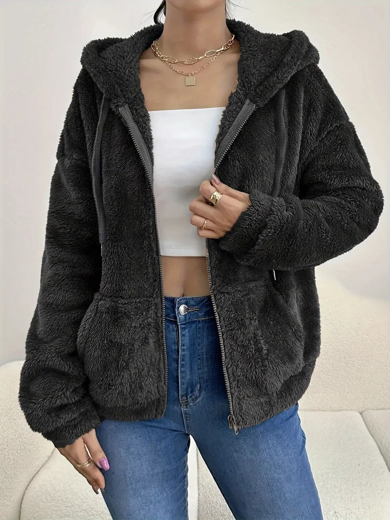 Drawstring Fleece Zip-Up Outerwear - Image 4