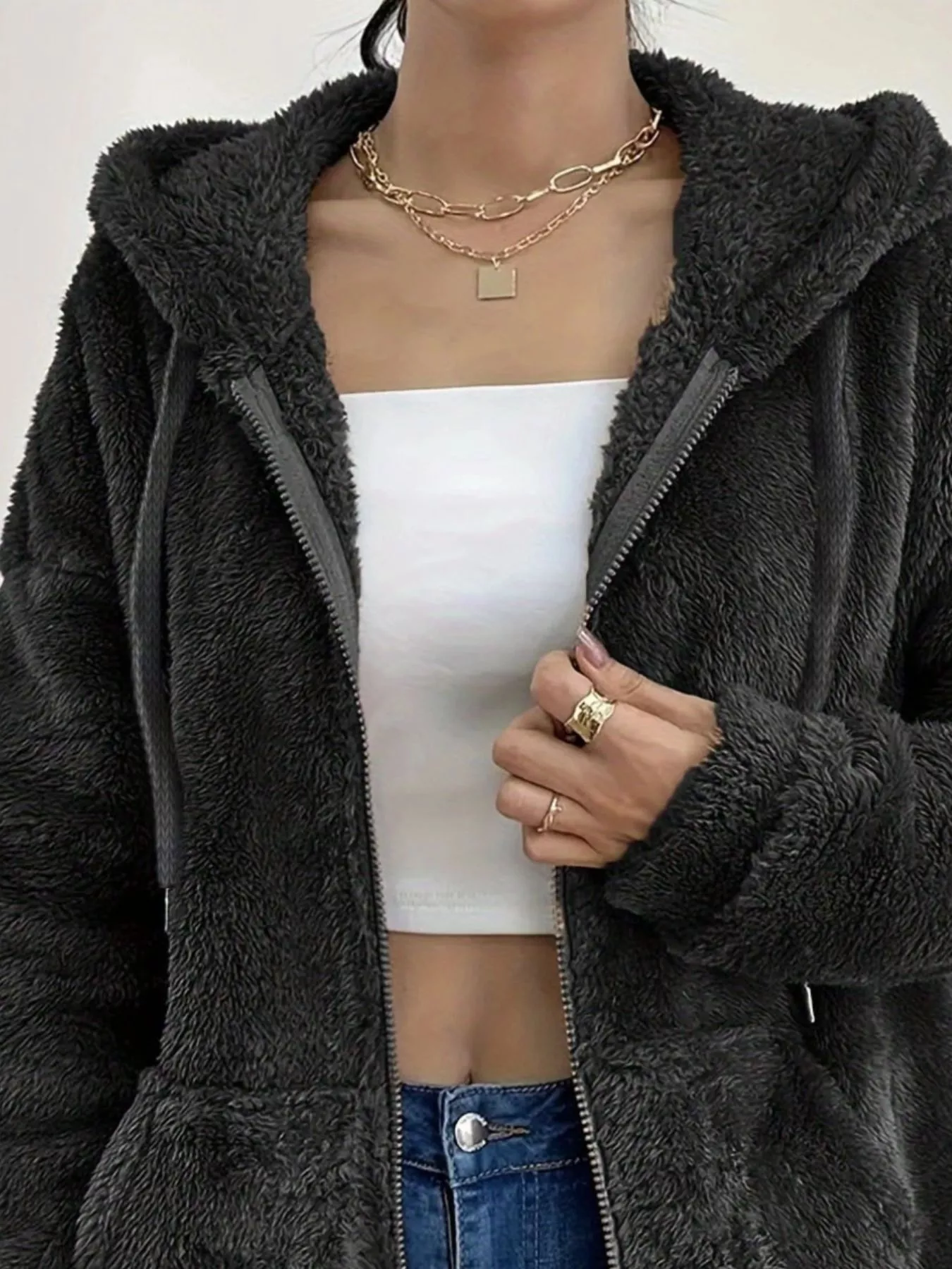 Drawstring Fleece Zip-Up Outerwear - Image 5