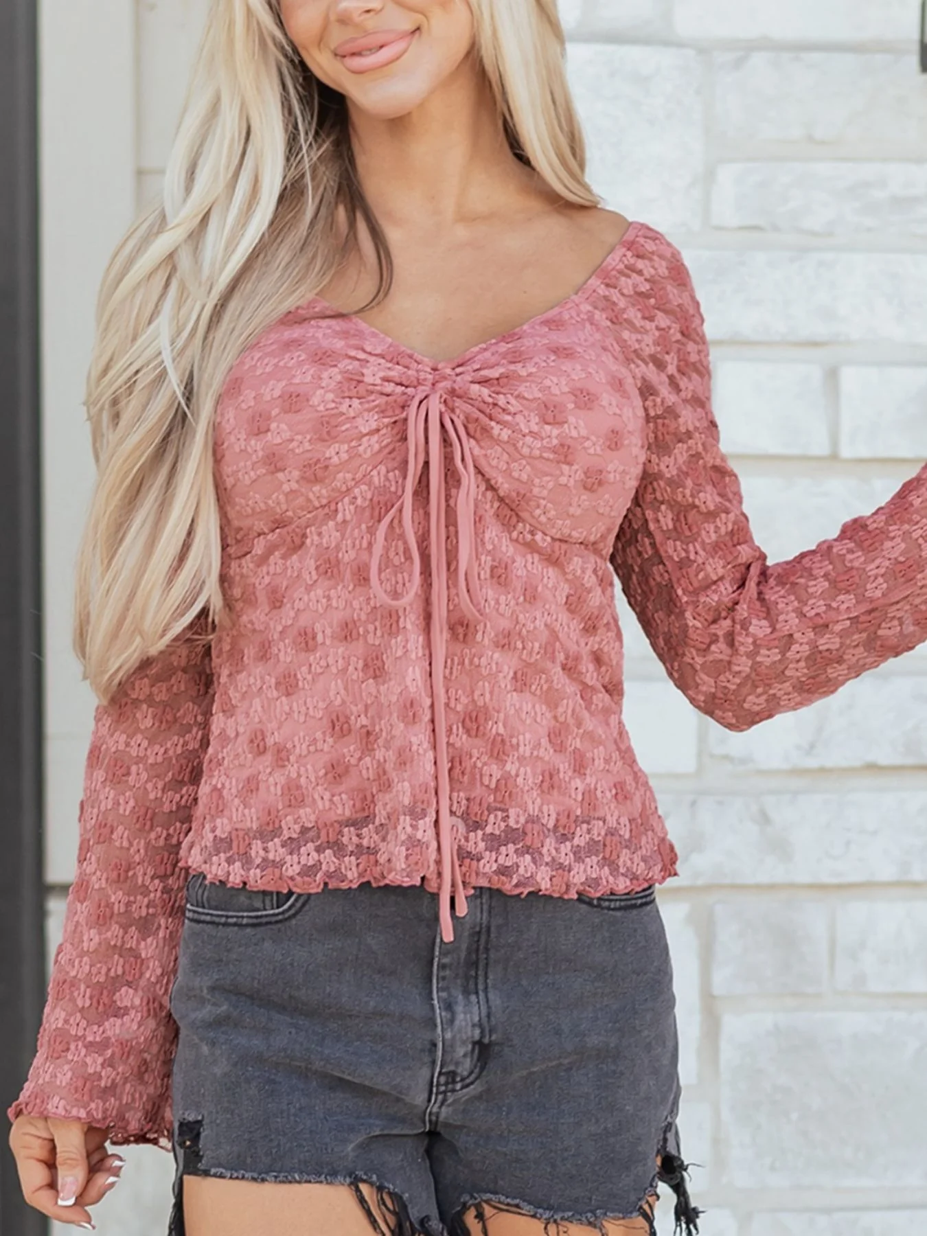 Drawstring Knot Detail Floral Lace Blouse - Image 2