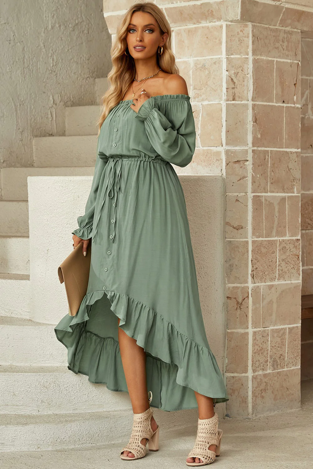 Drawstring Off-Shoulder Flounce Sleeve Dress - Image 4