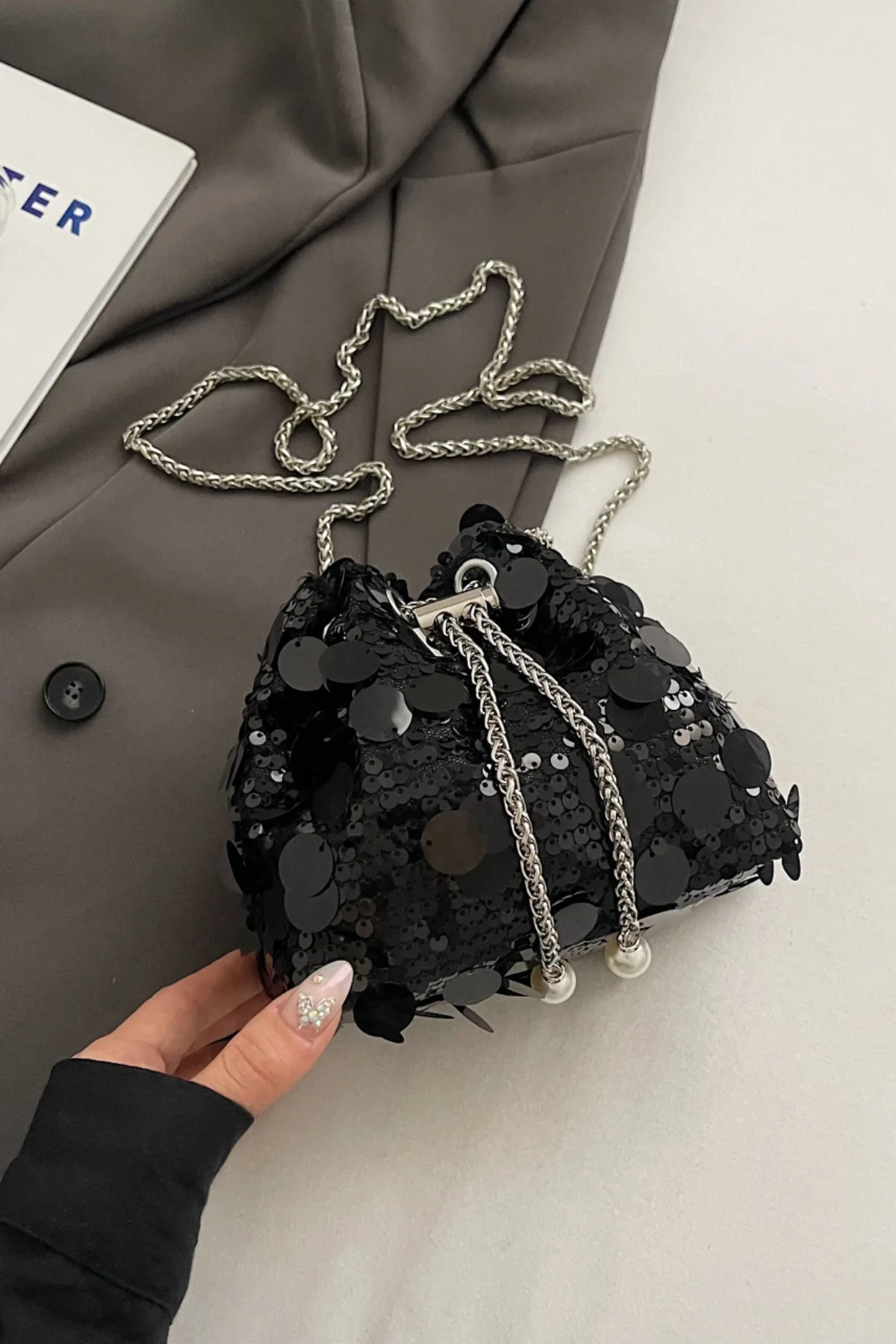 Drawstring Sequin Crossbody Bag - Image 23