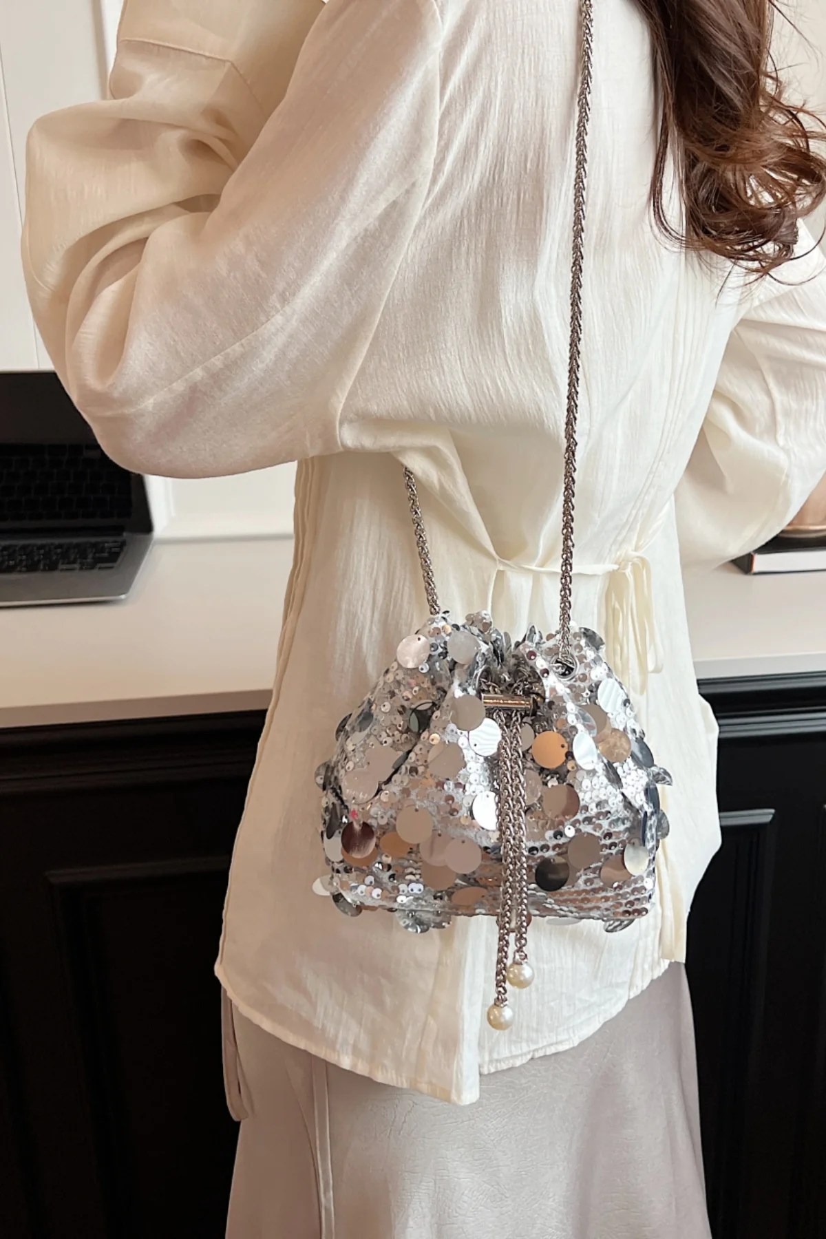 Drawstring Sequin Crossbody Bag - Image 4