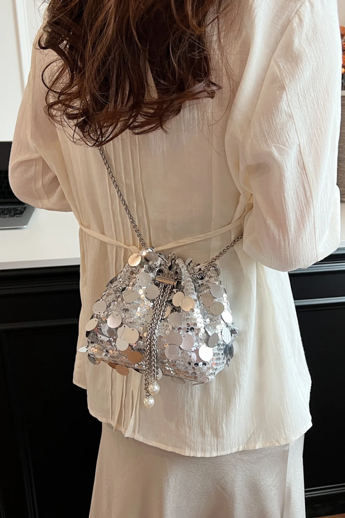 Drawstring Sequin Crossbody Bag - Image 6