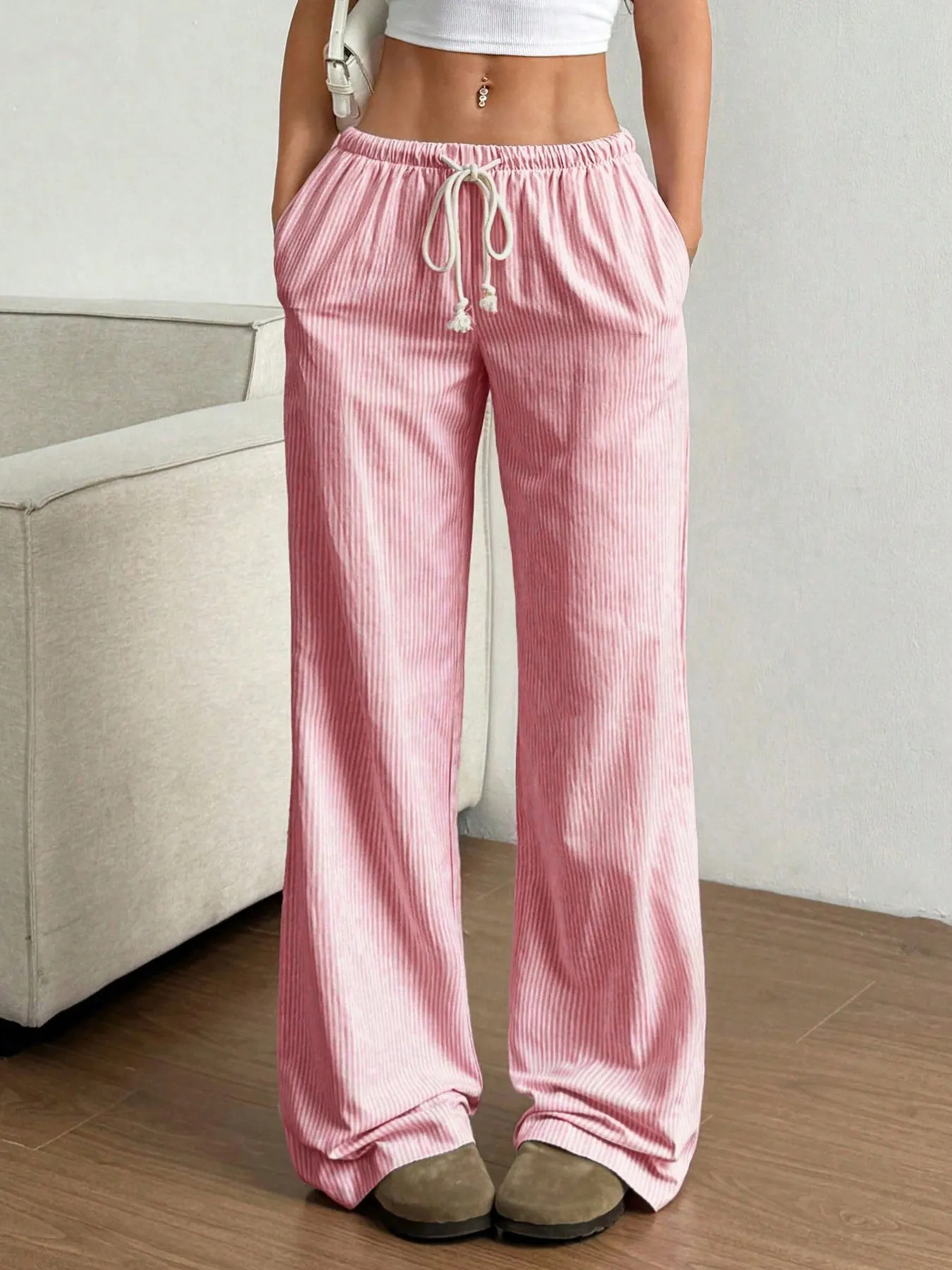 Drawstring Striped Wide Leg Pants - Image 23