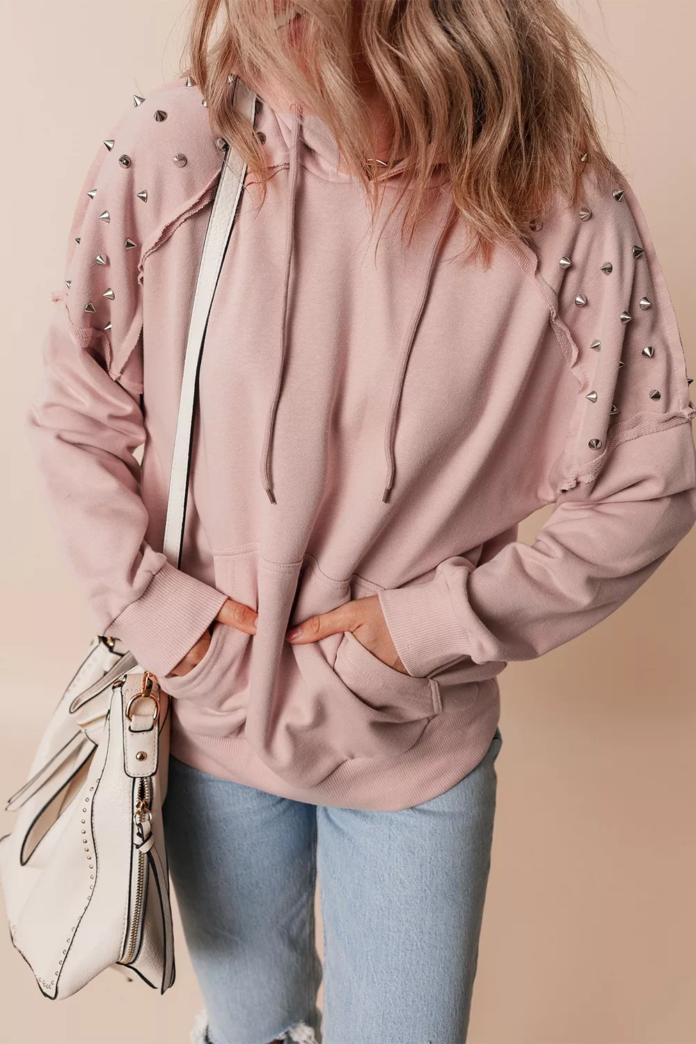 Drawstring Studded Shoulder Hoodie - Image 4
