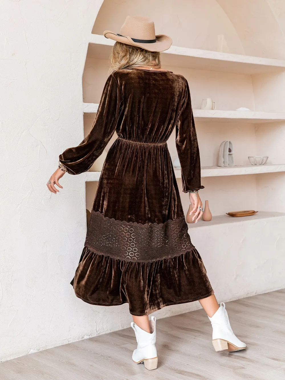 Drawstring V-Neck Crochet Dress - Image 2