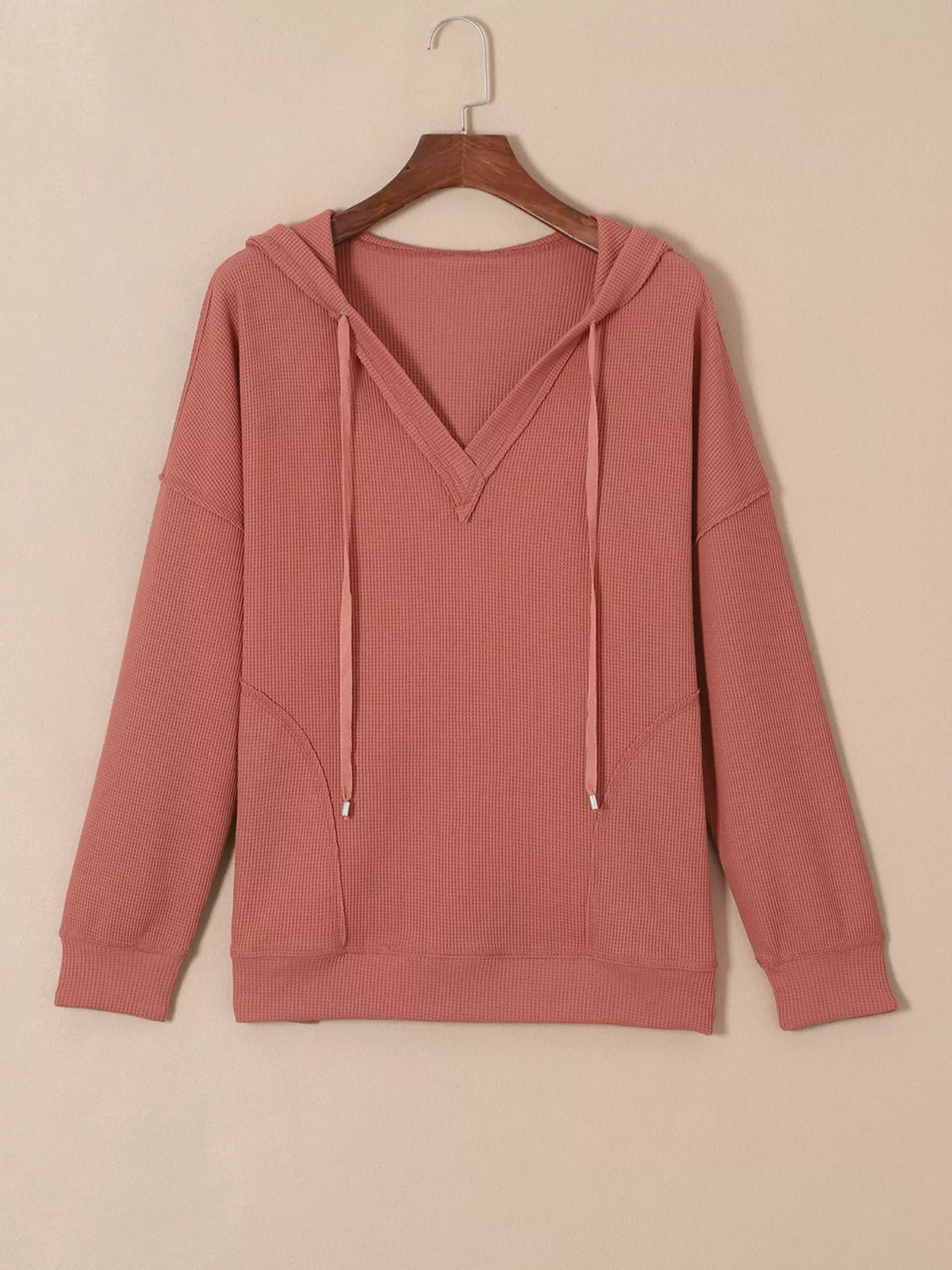 Drawstring V-Neck Waffle Knit Casual Hoodie - Image 7