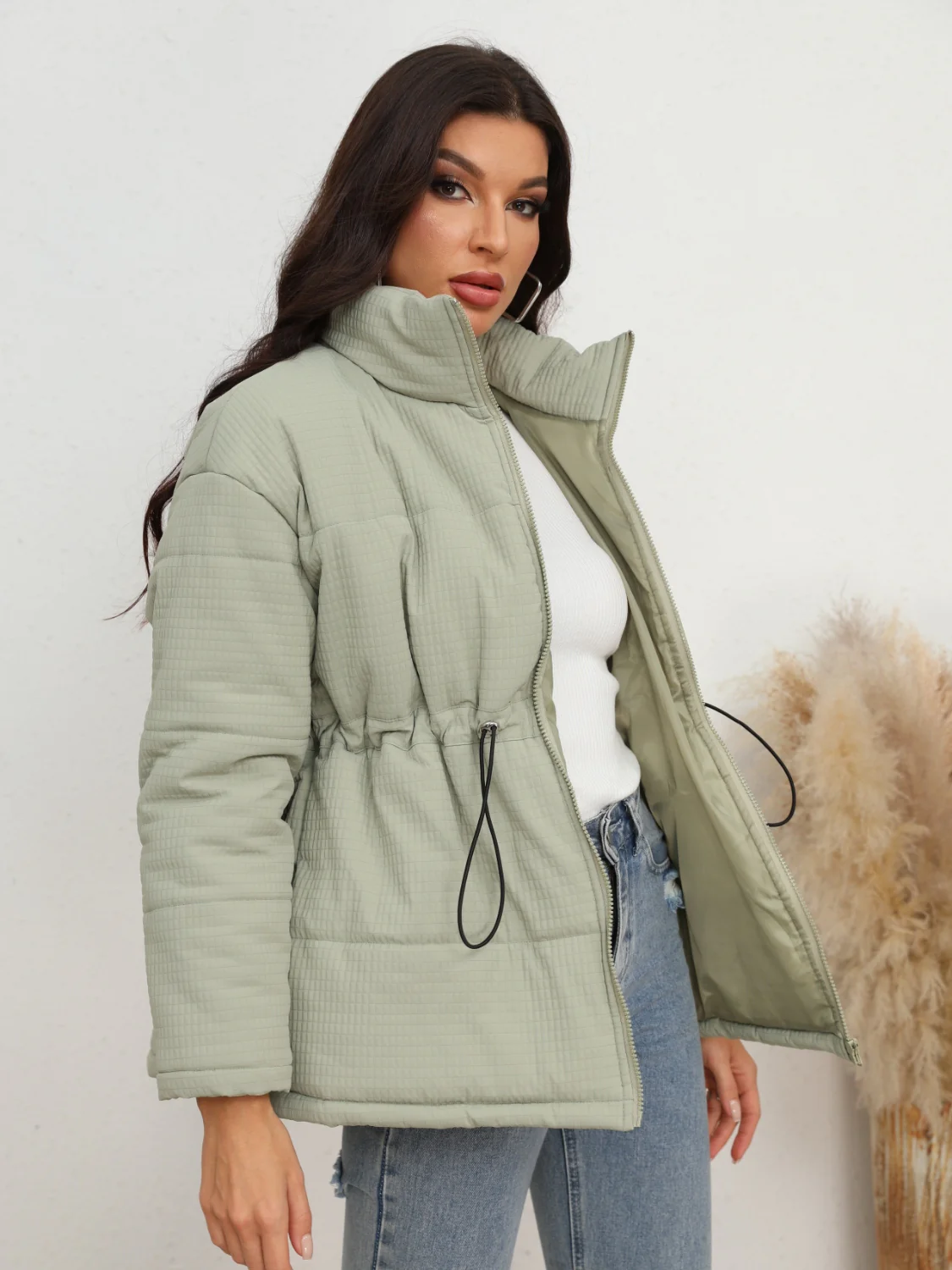 Drawstring Waist Zip-Up Puffer Jacket - Image 3