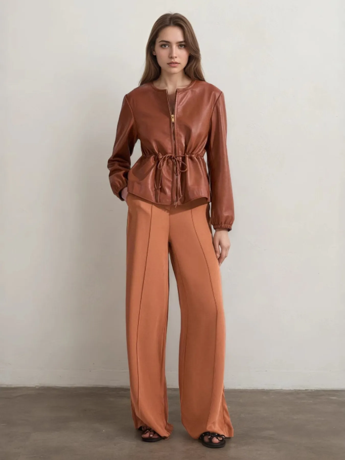Drawstring Zip Up Leather Jacket - Image 3