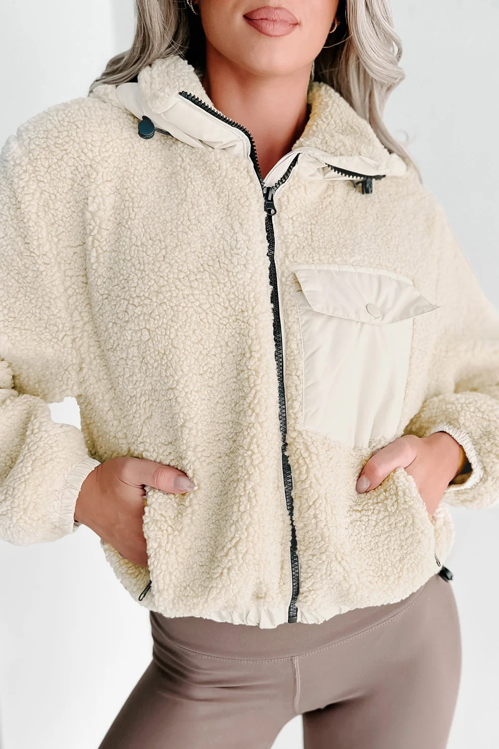 Drawstring Zip Up Sherpa Jacket with Removable Hood - Image 2