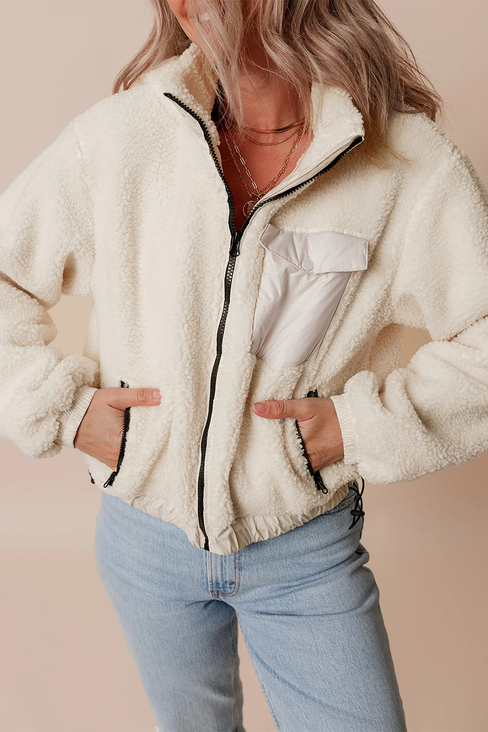 Drawstring Zip Up Sherpa Jacket with Removable Hood - Image 6