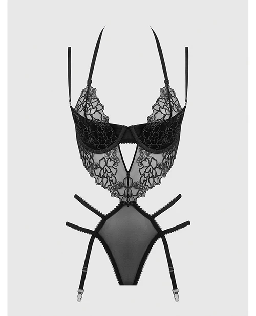 Eden Embroidered Lace & Mesh Teddy w/Garters - Black 1X/2X - Image 3