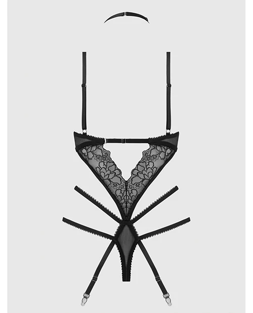 Eden Embroidered Lace & Mesh Teddy w/Garters - Black LG - Image 4