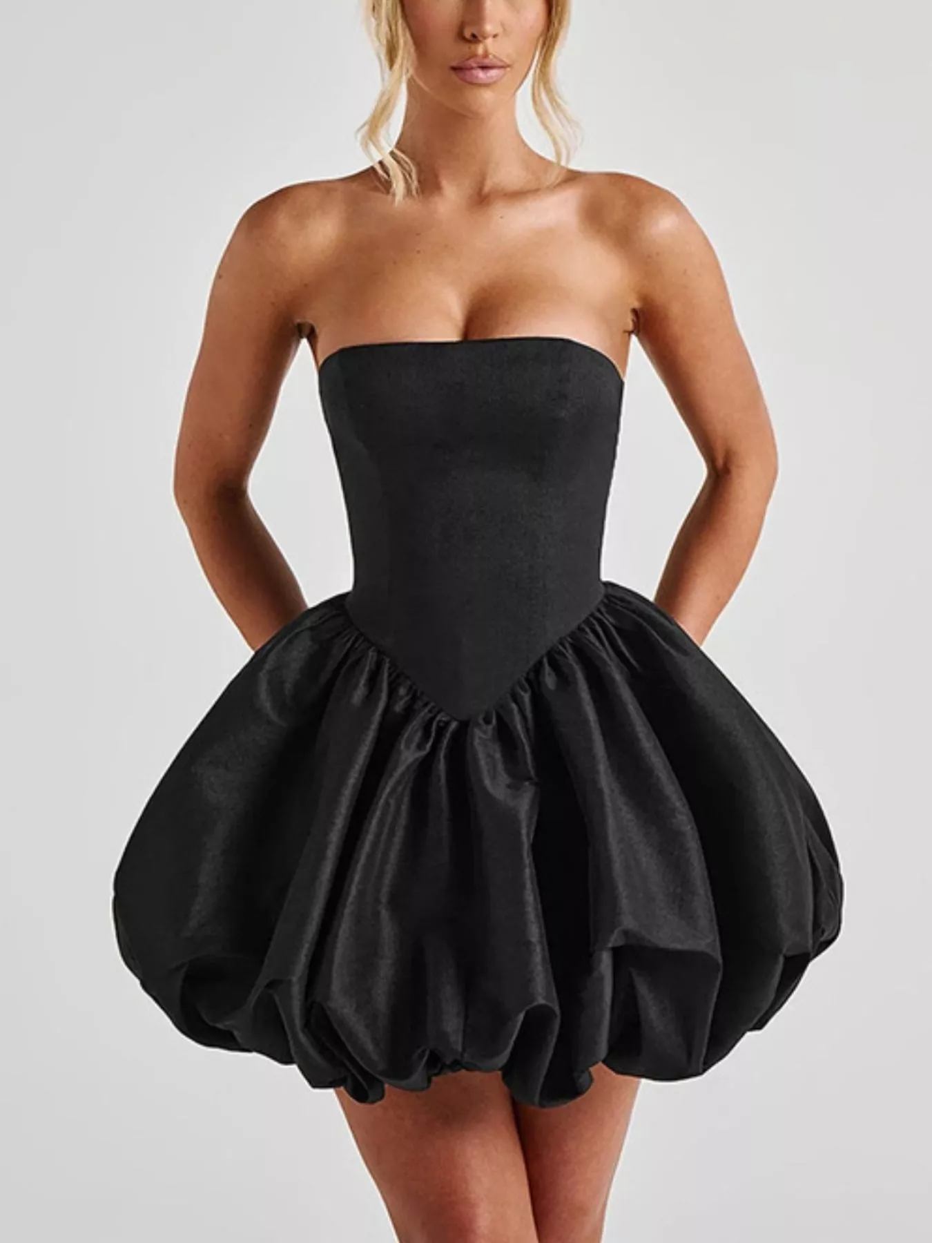 Elegant Strapless Bowknot Bubble Hem Mini Dress - Image 10