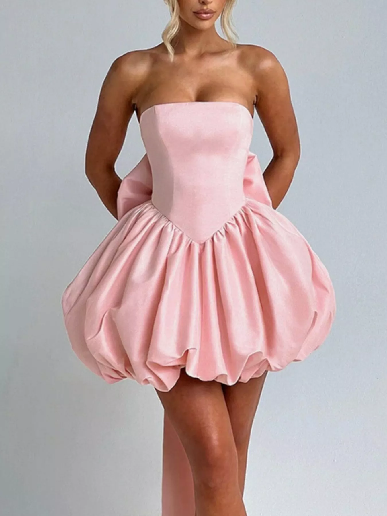 Elegant Strapless Bowknot Bubble Hem Mini Dress - Image 2