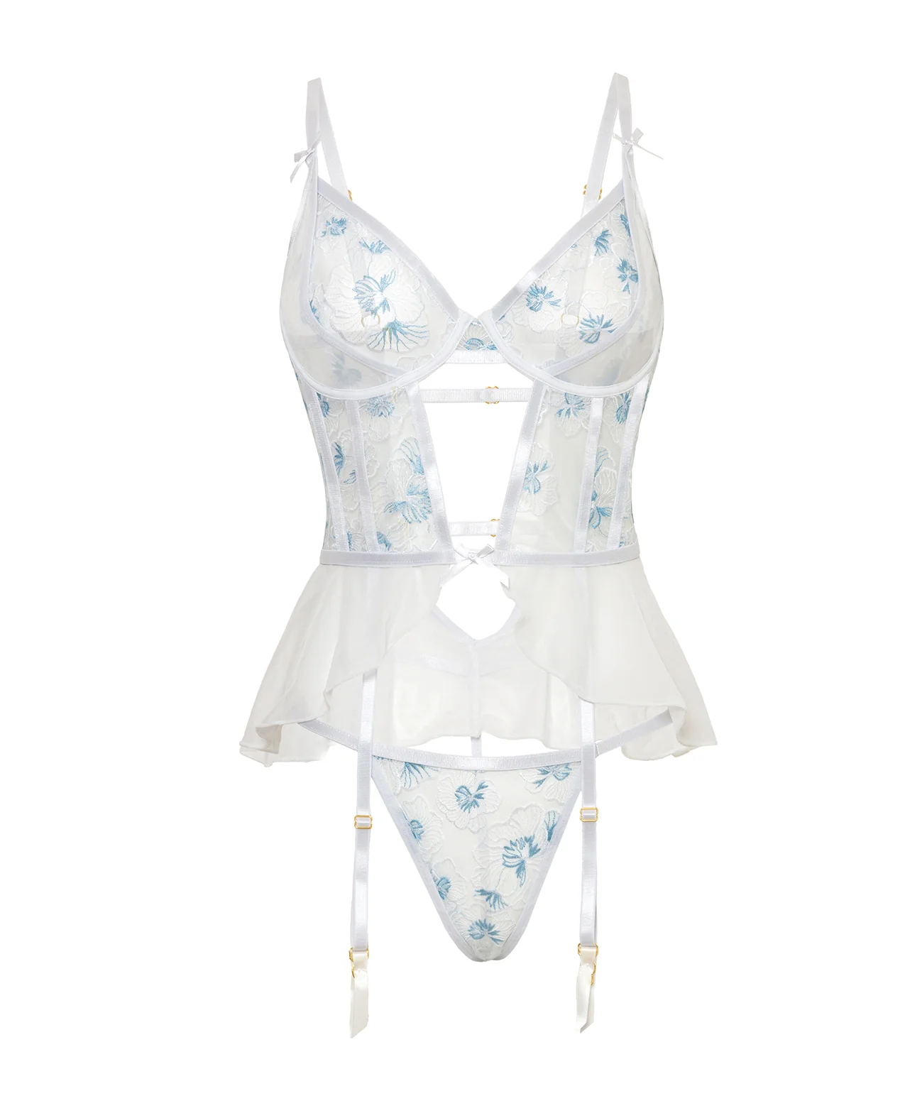 Elena Floral Embroidered Bustier w/Ruffles & Matching Panty - White 1X - Image 3
