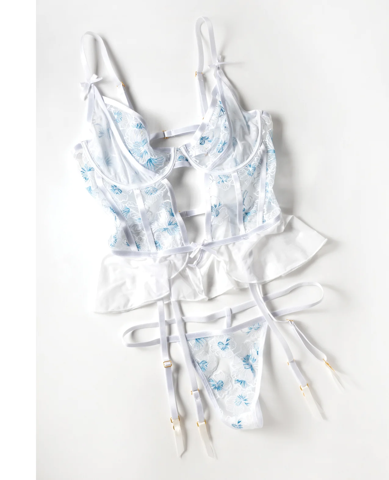 Elena Floral Embroidered Bustier w/Ruffles & Matching Panty - White 1X - Image 4