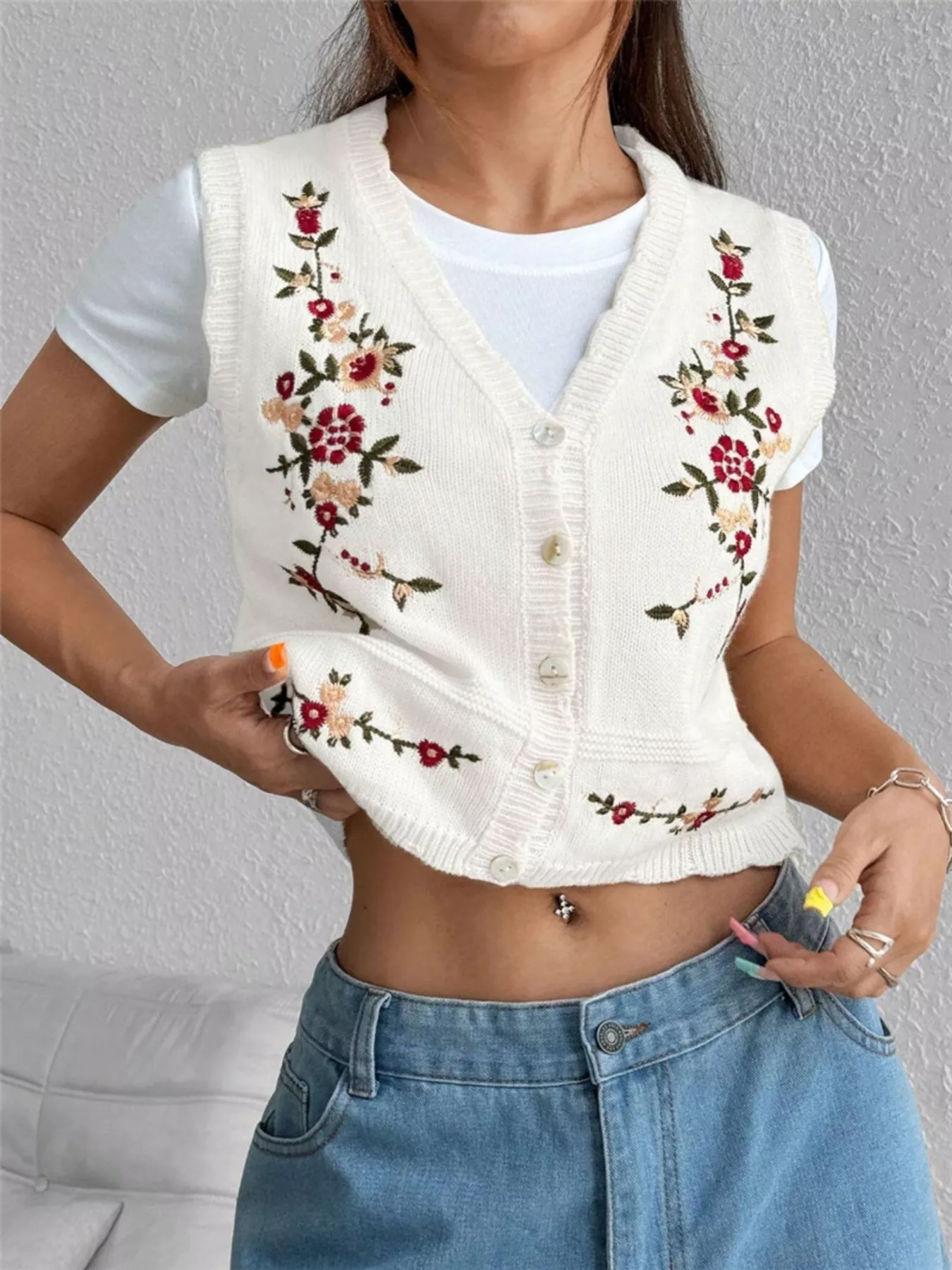 Embroidered Button Up Sweater Vest - Image 14