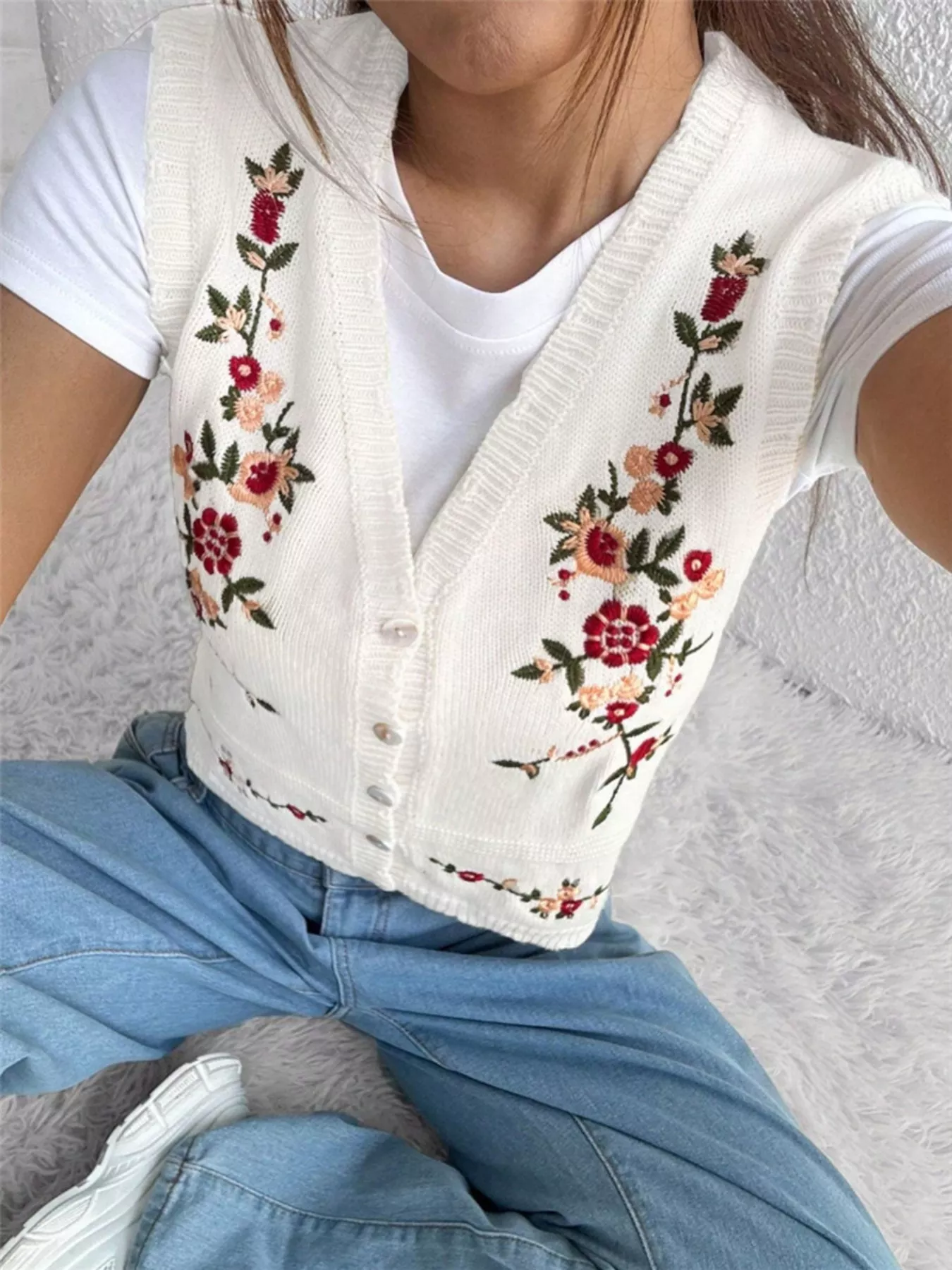 Embroidered Button Up Sweater Vest - Image 15