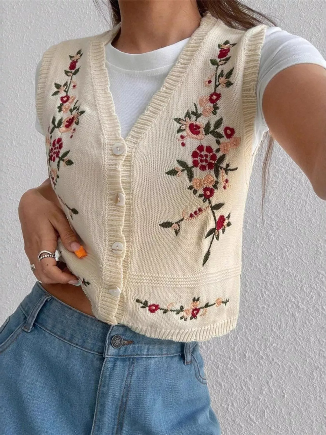 Embroidered Button Up Sweater Vest - Image 4