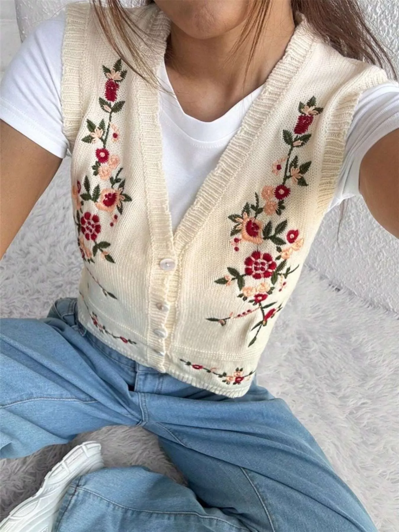 Embroidered Button Up Sweater Vest - Image 6