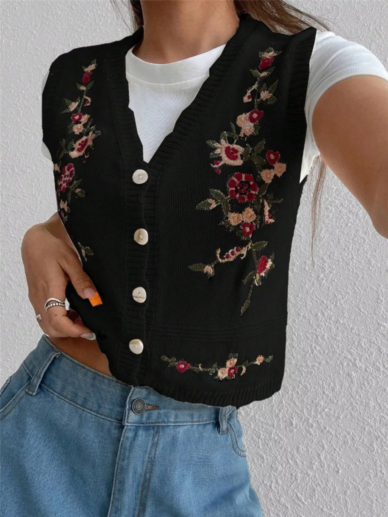 Embroidered Button Up Sweater Vest - Image 9