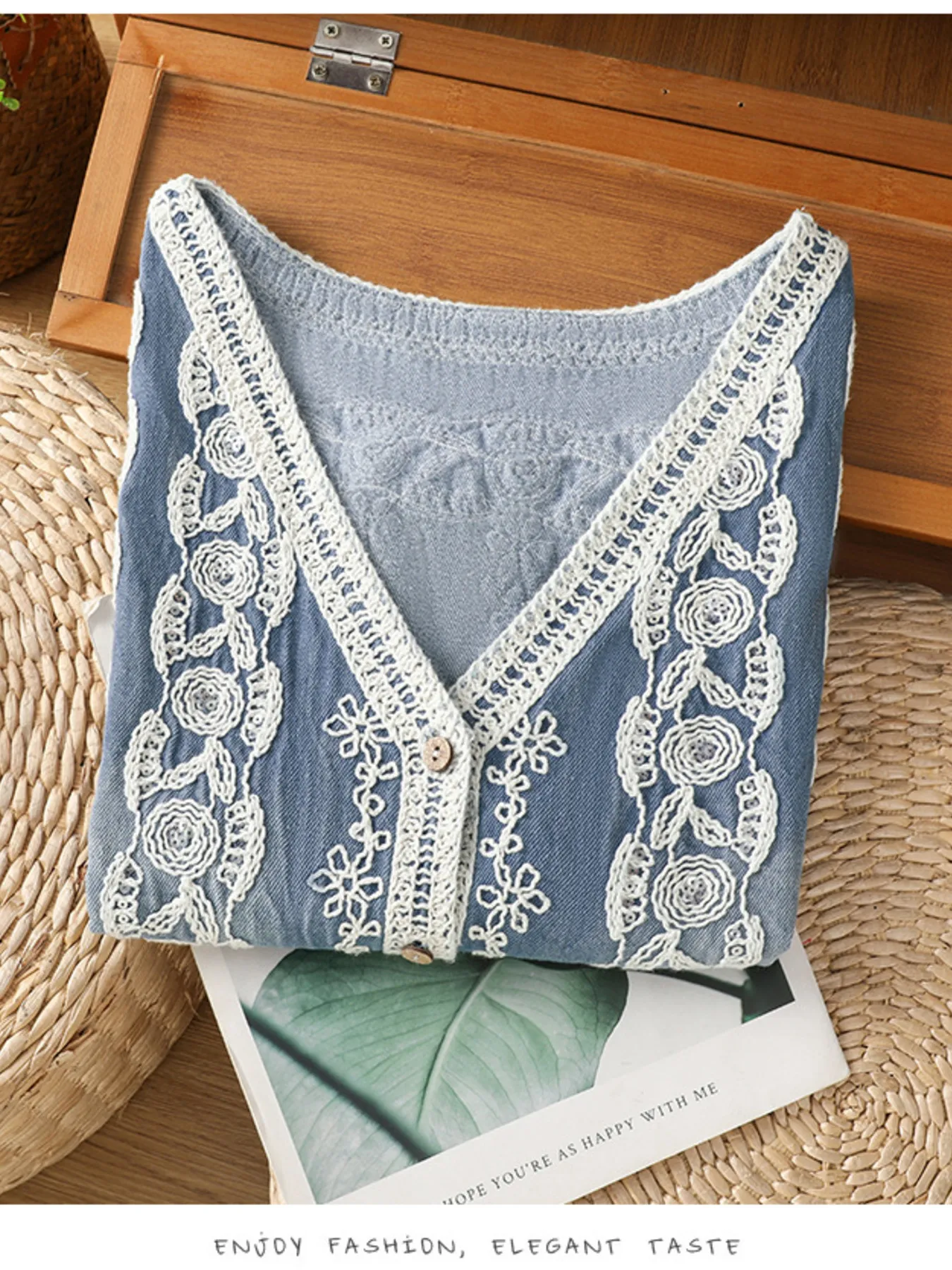 Embroidered Button Up V-Neck Vest Coat - Image 3