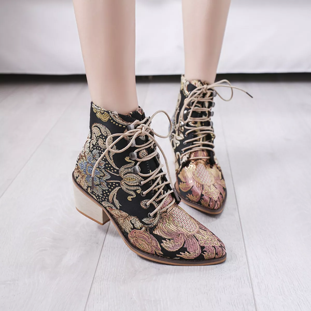 Embroidered Floral Lace-Up Ankle Boots - Image 5