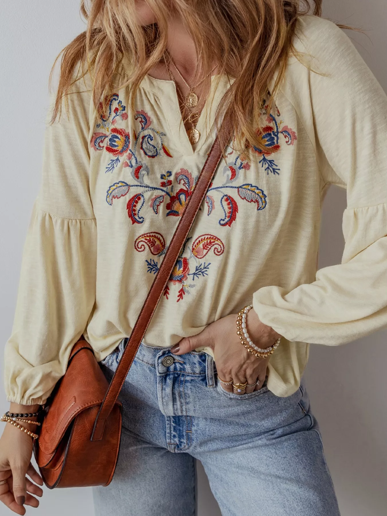Embroidered Notched Balloon Sleeve Blouse - Image 3