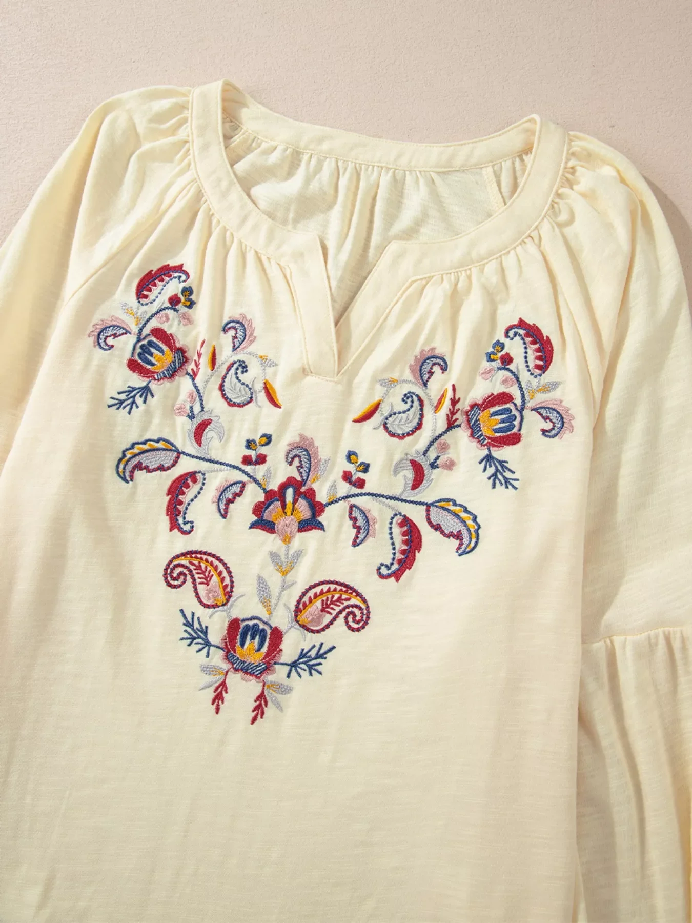Embroidered Notched Balloon Sleeve Blouse - Image 6