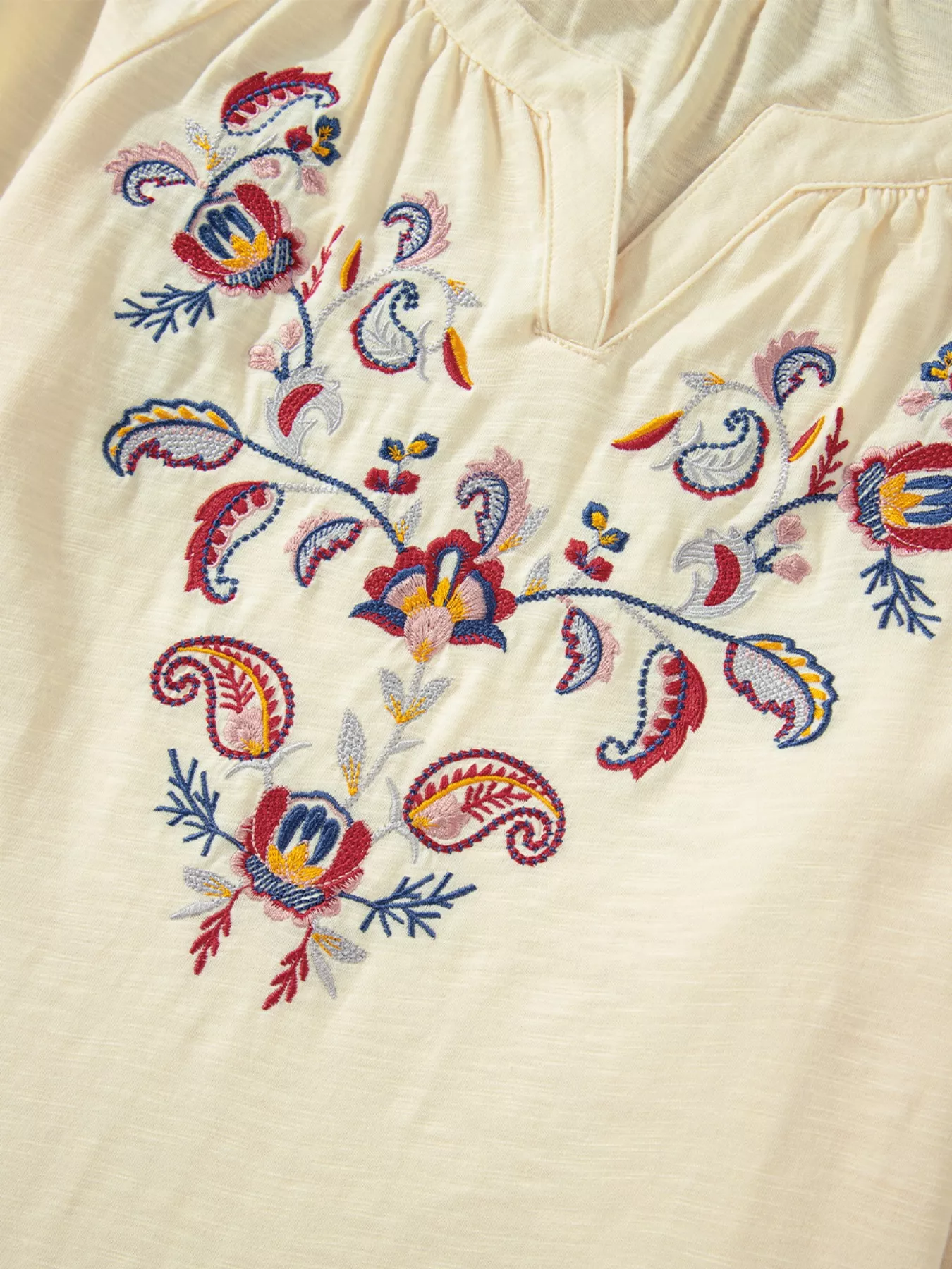 Embroidered Notched Balloon Sleeve Blouse - Image 7