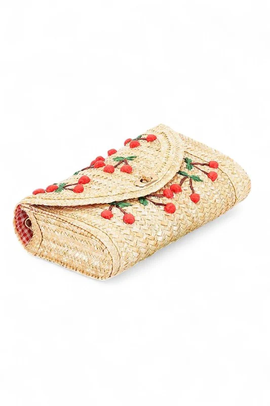 Embroidery Cherry Raffia Straw Clutch Bag - Image 4