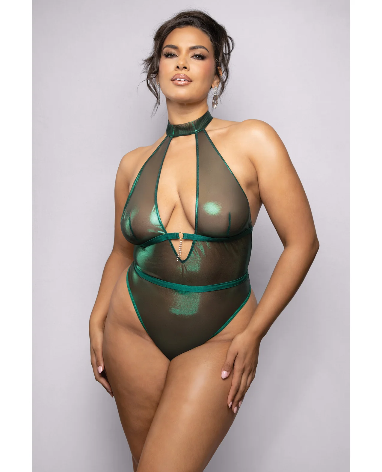 Emerald Shimmer Mesh Halter Teddy w/Open Back - Green 3X/4X