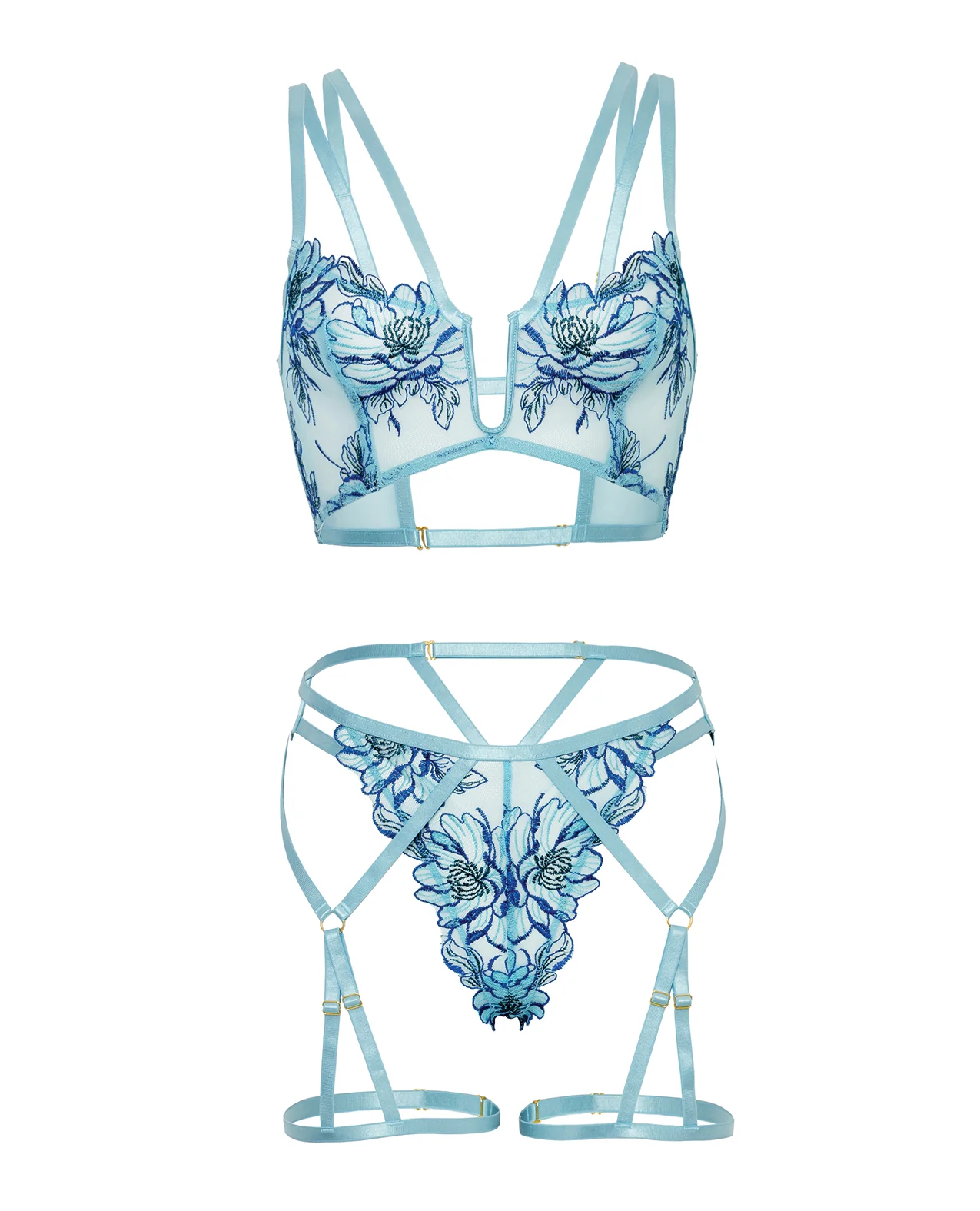 Emilia Floral Embroidered 2 pc Set w/Strapping Details & Attached Double Garter - Blue XL - Image 5