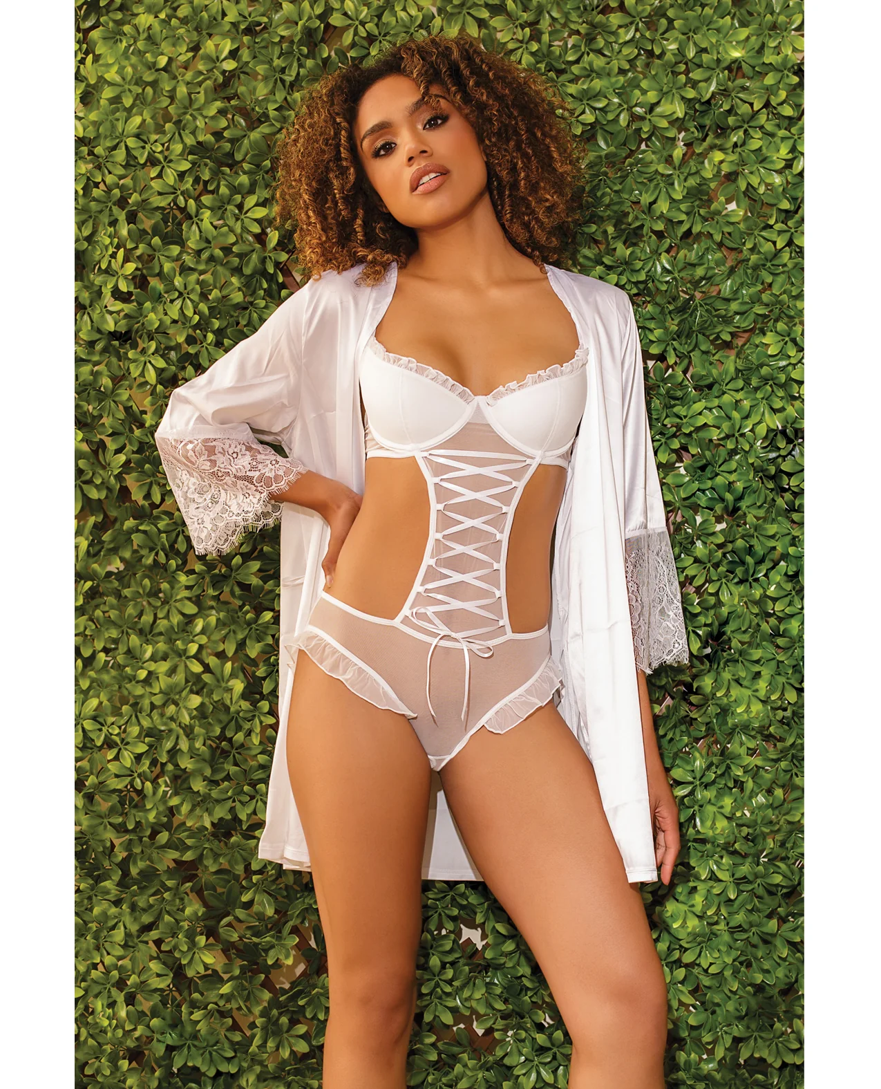 Stretch Mesh Ruffled Crotchless Teddy White SM - Image 4