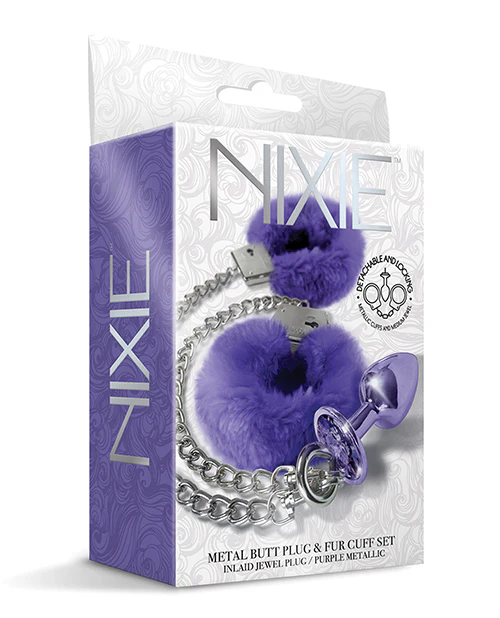 Nixie Metal Butt Plug w/Inlaid Jewel & Fur Cuff Set - Purple Metallic - Image 2