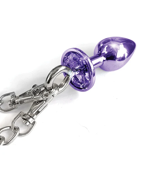Nixie Metal Butt Plug w/Inlaid Jewel & Fur Cuff Set - Purple Metallic - Image 3