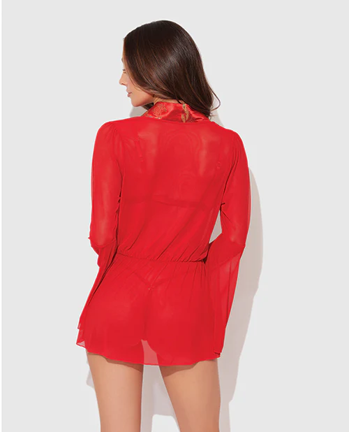 Dragon Sheer Mesh Robe w/Satin Triangle Top & G-String 3 pc Set - Red LG - Image 2