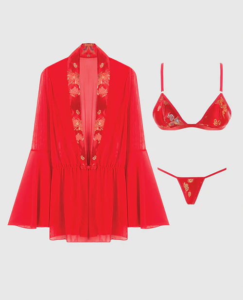 Dragon Sheer Mesh Robe w/Satin Triangle Top & G-String 3 pc Set - Red LG - Image 3