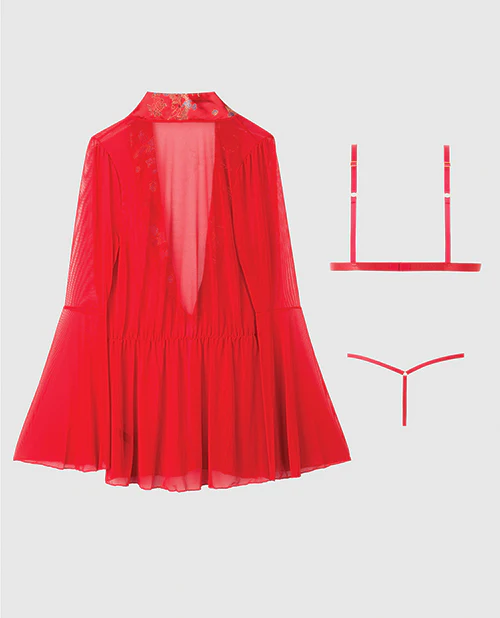 Dragon Sheer Mesh Robe w/Satin Triangle Top & G-String 3 pc Set - Red LG - Image 4