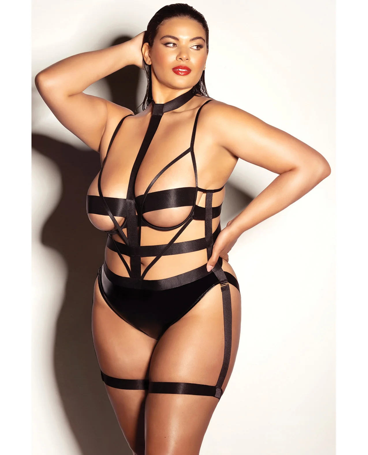 FETISH Lethal Underwire Peek A Boo Vinyl Teddy w/Choker Black 1X - Image 3